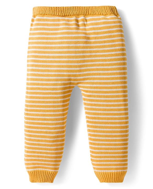 Babyhug Organic Cotton Knitted Full Sleeves Striped Pullover Sweater Set With Dog Embroidery - Yellow