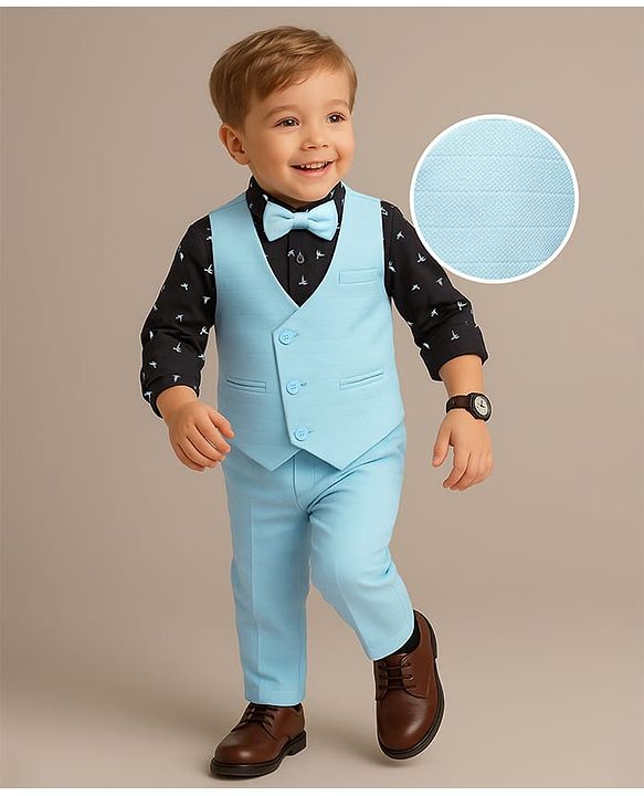 Babyhug Woven Full Sleeves Bird Printed 3 Piece Party Suit With Bow - Aqua Blue