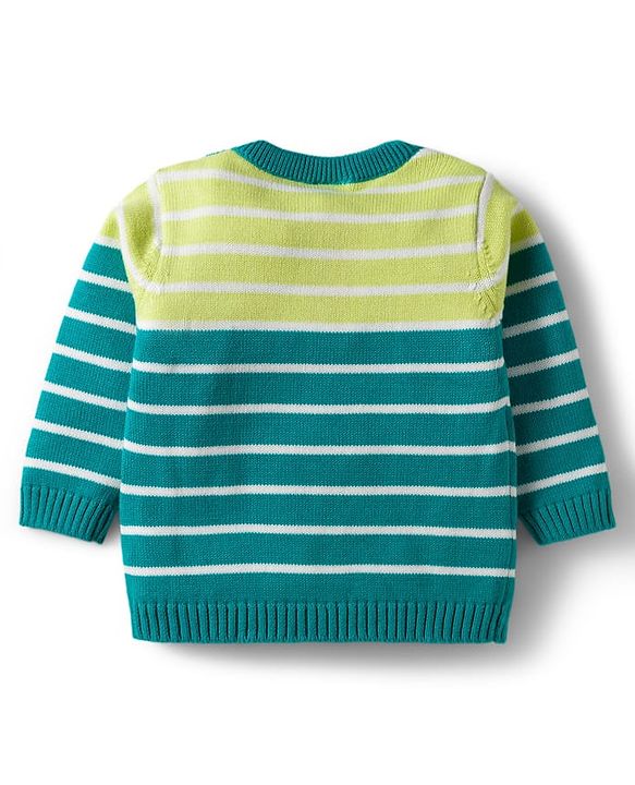 Babyhug Organic Cotton Knitted Full Sleeves Striped Sweater Set With Elephant Embroidery & Cap - Teal Blue & Yellow