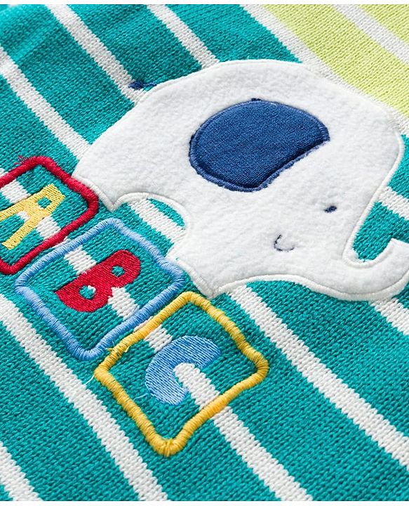 Babyhug Organic Cotton Knitted Full Sleeves Striped Sweater Set With Elephant Embroidery & Cap - Teal Blue & Yellow