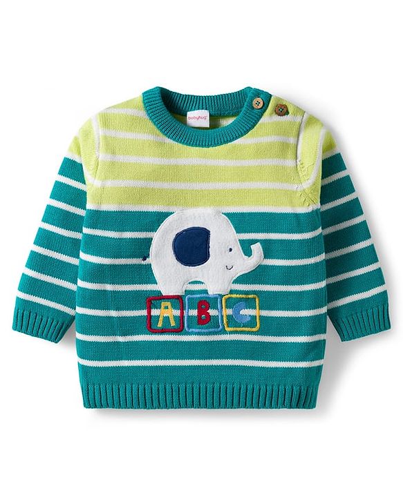 Babyhug Organic Cotton Knitted Full Sleeves Striped Sweater Set With Elephant Embroidery & Cap - Teal Blue & Yellow