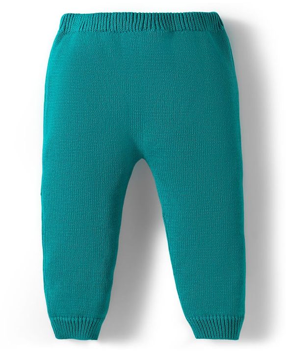 Babyhug Organic Cotton Knitted Full Sleeves Striped Sweater Set With Elephant Embroidery & Cap - Teal Blue & Yellow
