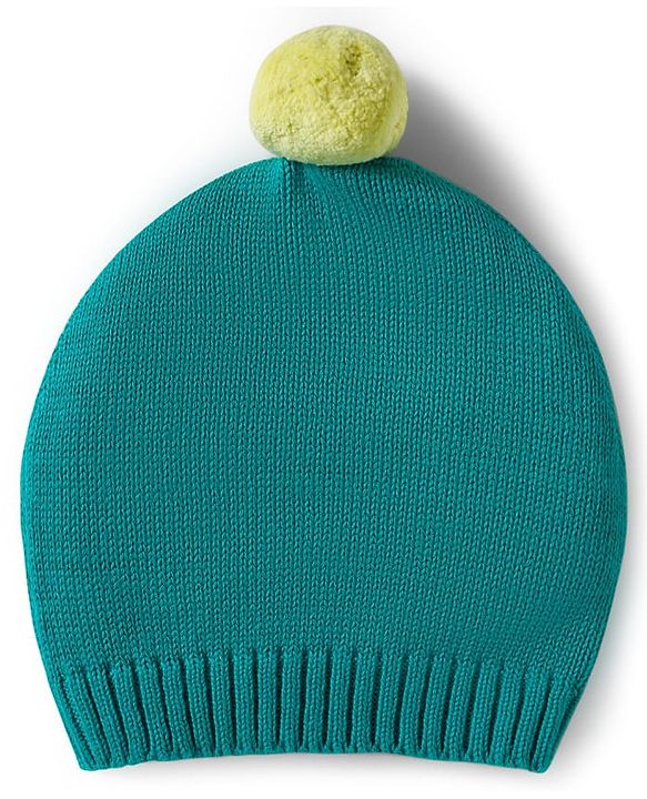 Babyhug Organic Cotton Knitted Full Sleeves Striped Sweater Set With Elephant Embroidery & Cap - Teal Blue & Yellow