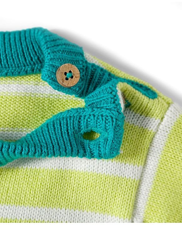 Babyhug Organic Cotton Knitted Full Sleeves Striped Sweater Set With Elephant Embroidery & Cap - Teal Blue & Yellow