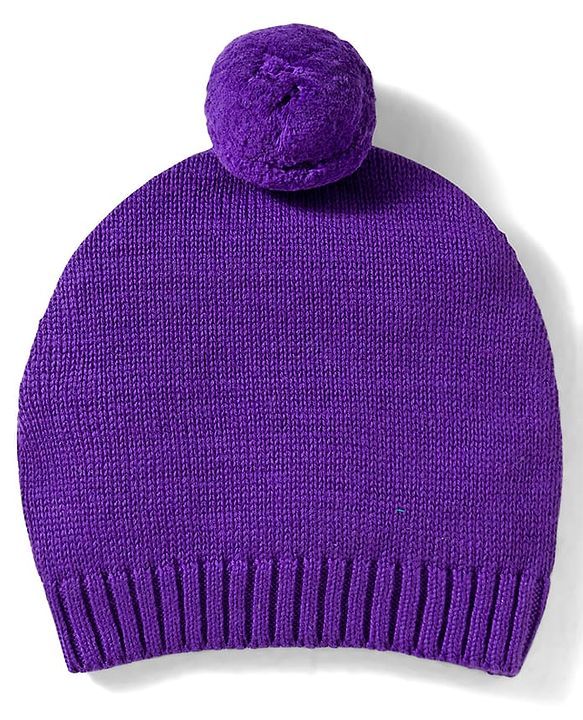 Babyhug Organic Cotton Knit Full Sleeves Striped Pullover Sweater Set with Cap & Embroidery - Purple