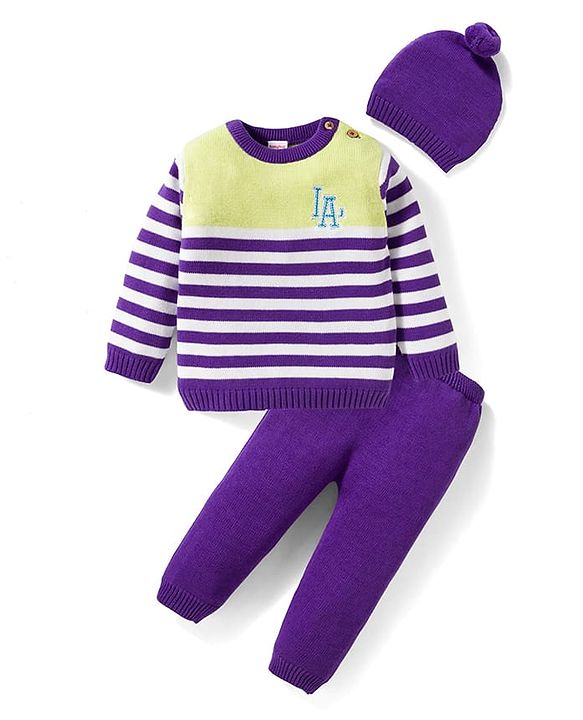 Babyhug Organic Cotton Knit Full Sleeves Striped Pullover Sweater Set with Cap & Embroidery - Purple