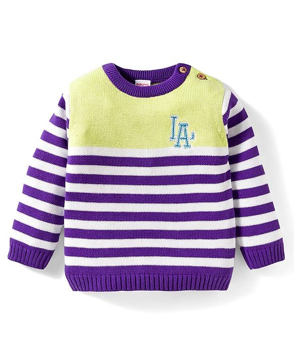 Babyhug Organic Cotton Knit Full Sleeves Striped Pullover Sweater Set with Cap & Embroidery - Purple