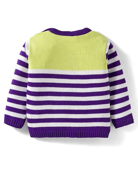 Babyhug Organic Cotton Knit Full Sleeves Striped Pullover Sweater Set with Cap & Embroidery - Purple
