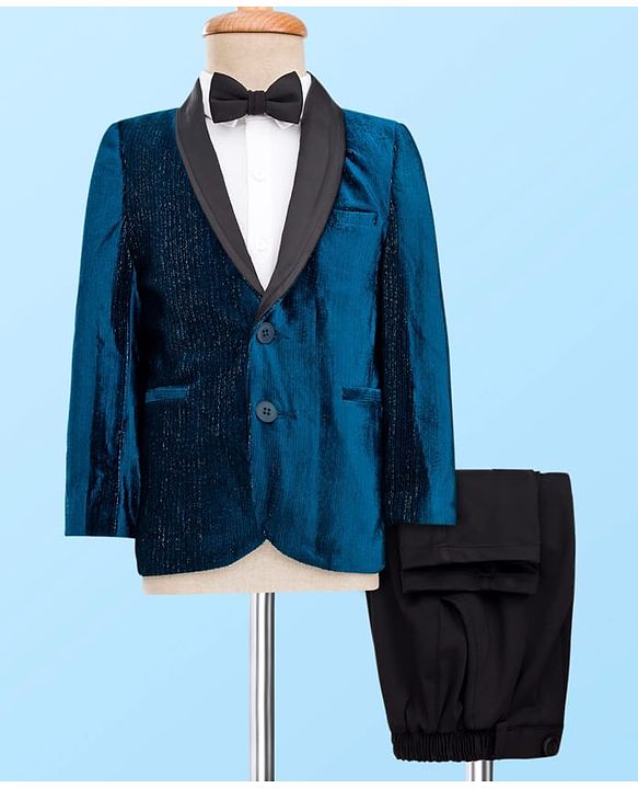 Babyhug Knit Full Sleeves Solid 3 Piece Party Suit With Bow - Navy Blue & White