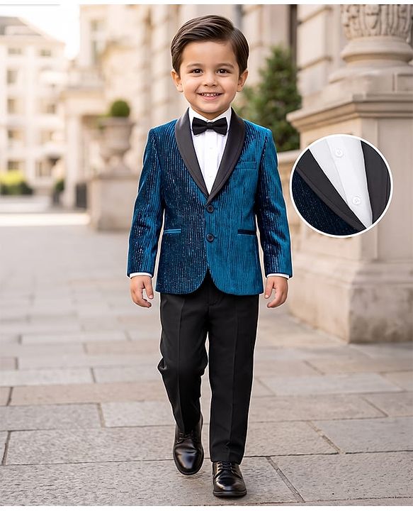 Babyhug Knit Full Sleeves Solid 3 Piece Party Suit With Bow - Navy Blue & White