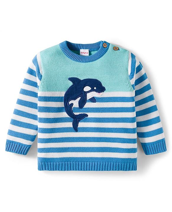 Babyhug Organic Cotton Knit Full Sleeves Striped Pullover Sweater Set with Cap & Patch Detailing - Aqua Blue