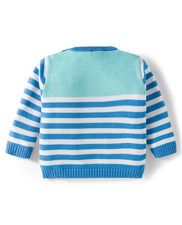 Babyhug Organic Cotton Knit Full Sleeves Striped Pullover Sweater Set with Cap & Patch Detailing - Aqua Blue