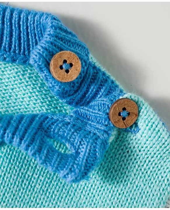 Babyhug Organic Cotton Knit Full Sleeves Striped Pullover Sweater Set with Cap & Patch Detailing - Aqua Blue