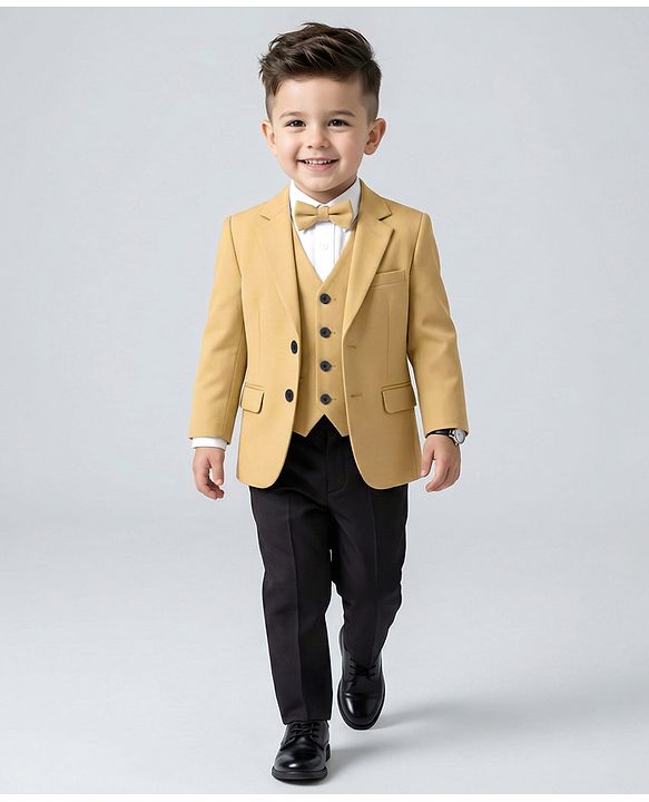Babyhug Knit Full Sleeves Solid Four Piece Party Suit Set with Bow - Light Brown