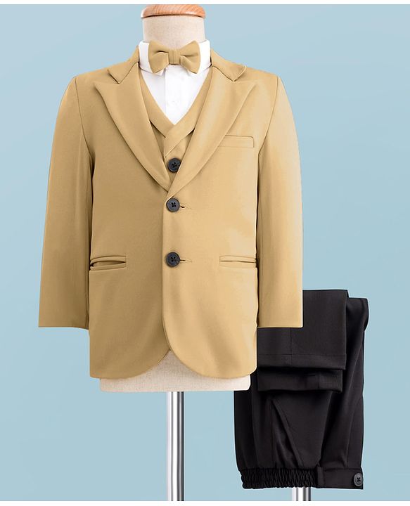 Babyhug Knit Full Sleeves Solid Four Piece Party Suit Set with Bow - Light Brown