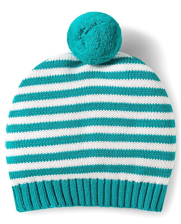 Babyhug Organic Cotton Knit Full Raglan Sleeves Sweater Set with Stripes & Bear Design & Cap - Teal Blue