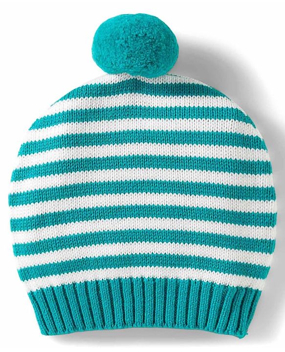 Babyhug Organic Cotton Knit Full Raglan Sleeves Sweater Set with Stripes & Bear Design & Cap - Teal Blue