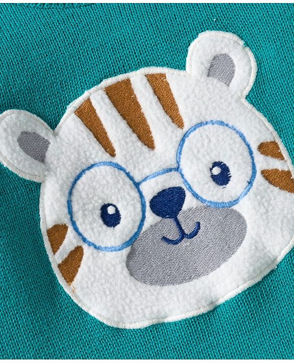 Babyhug Organic Cotton Knit Full Raglan Sleeves Sweater Set with Stripes & Bear Design & Cap - Teal Blue