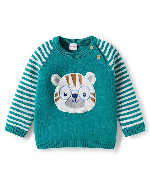 Babyhug Organic Cotton Knit Full Raglan Sleeves Sweater Set with Stripes & Bear Design & Cap - Teal Blue