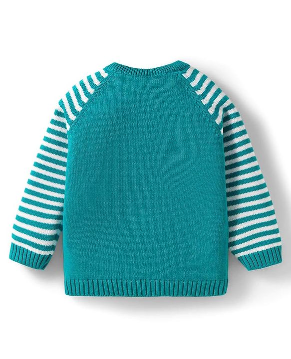 Babyhug Organic Cotton Knit Full Raglan Sleeves Sweater Set with Stripes & Bear Design & Cap - Teal Blue