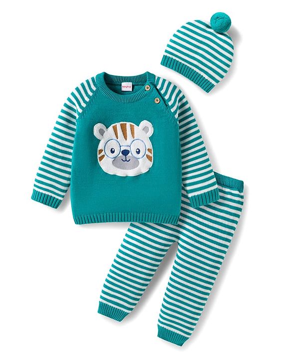Babyhug Organic Cotton Knit Full Raglan Sleeves Sweater Set with Stripes & Bear Design & Cap - Teal Blue