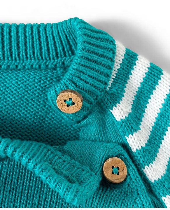 Babyhug Organic Cotton Knit Full Raglan Sleeves Sweater Set with Stripes & Bear Design & Cap - Teal Blue