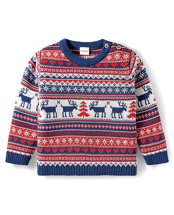 Babyhug Organic Cotton Knit Full Sleeves Sweater Set with Fair Isle Print & Cap - Red & Navy Blue