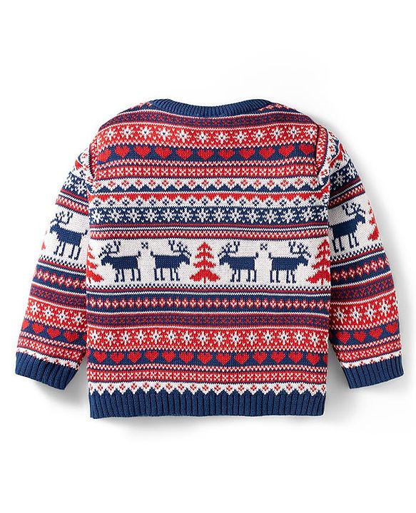 Babyhug Organic Cotton Knit Full Sleeves Sweater Set with Fair Isle Print & Cap - Red & Navy Blue