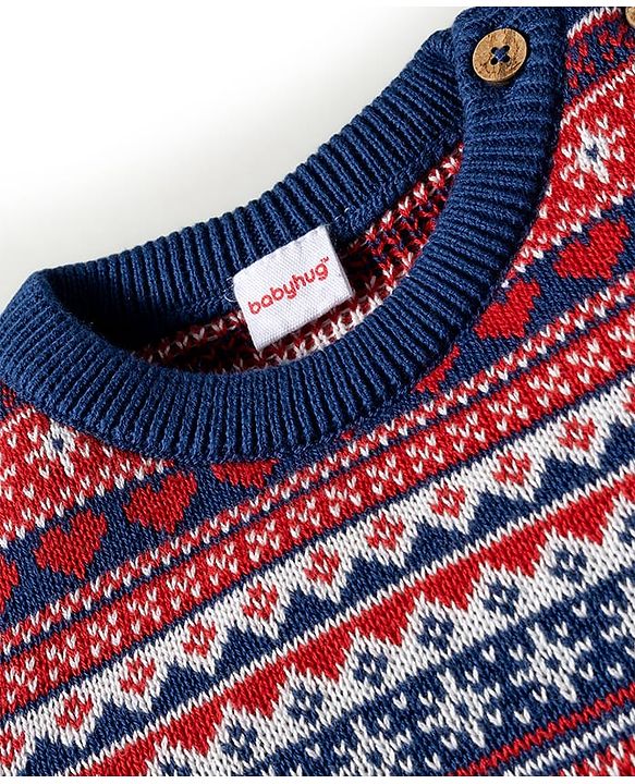 Babyhug Organic Cotton Knit Full Sleeves Sweater Set with Fair Isle Print & Cap - Red & Navy Blue