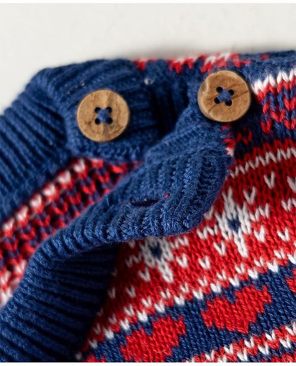 Babyhug Organic Cotton Knit Full Sleeves Sweater Set with Fair Isle Print & Cap - Red & Navy Blue