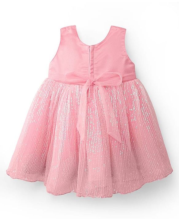 Babyhug Woven Sleeveless Mesh Party Dress with Bow Applique & Sequin Detailing - Pink