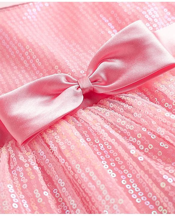 Babyhug Woven Sleeveless Mesh Party Dress with Bow Applique & Sequin Detailing - Pink