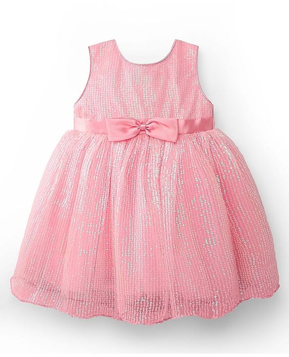 Babyhug Woven Sleeveless Mesh Party Dress with Bow Applique & Sequin Detailing - Pink
