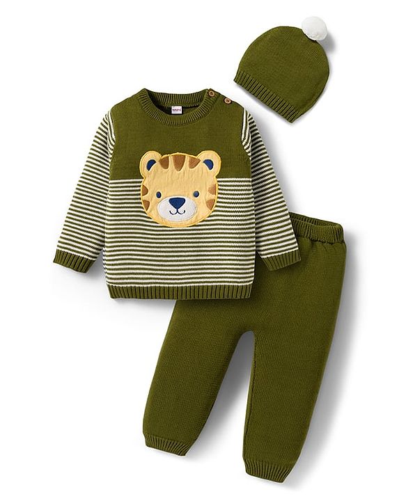 Babyhug Organic Cotton Knitted Full Sleeves Pullover Sweater Set With Tiger Embroidery & Cap - Olive Green