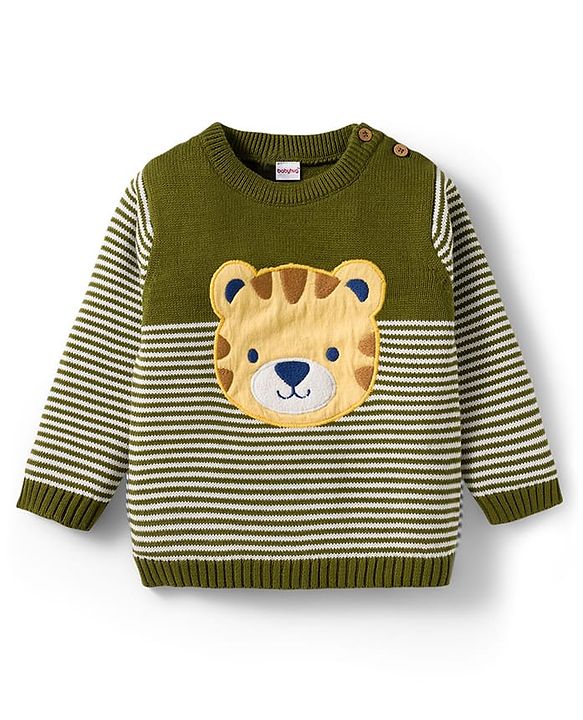 Babyhug Organic Cotton Knitted Full Sleeves Pullover Sweater Set With Tiger Embroidery & Cap - Olive Green