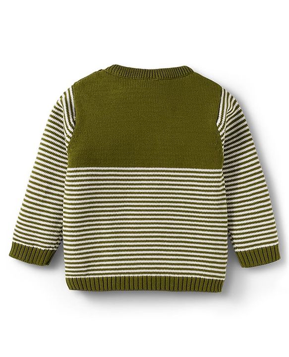 Babyhug Organic Cotton Knitted Full Sleeves Pullover Sweater Set With Tiger Embroidery & Cap - Olive Green
