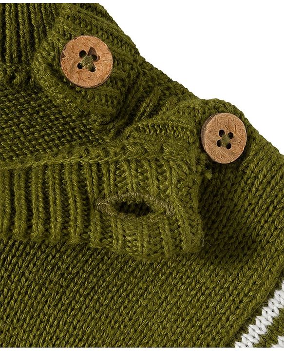 Babyhug Organic Cotton Knitted Full Sleeves Pullover Sweater Set With Tiger Embroidery & Cap - Olive Green