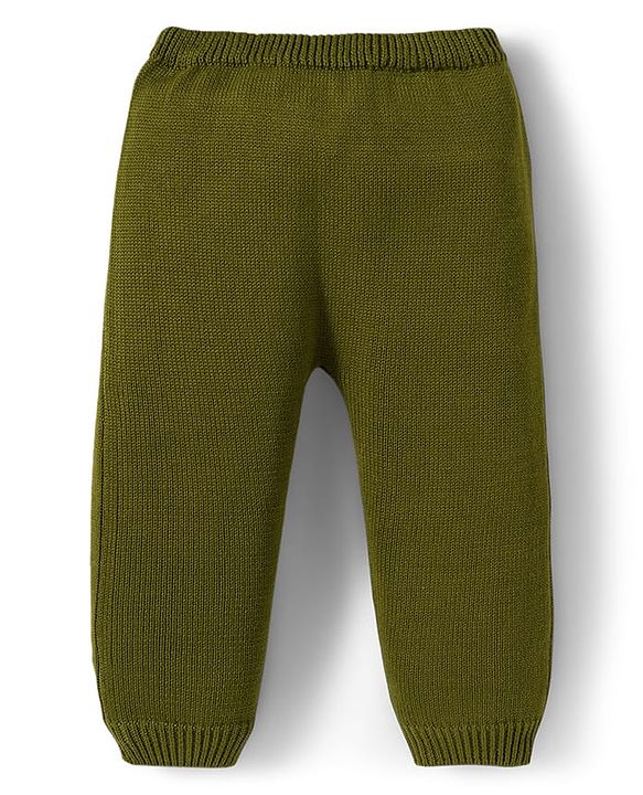 Babyhug Organic Cotton Knitted Full Sleeves Pullover Sweater Set With Tiger Embroidery & Cap - Olive Green