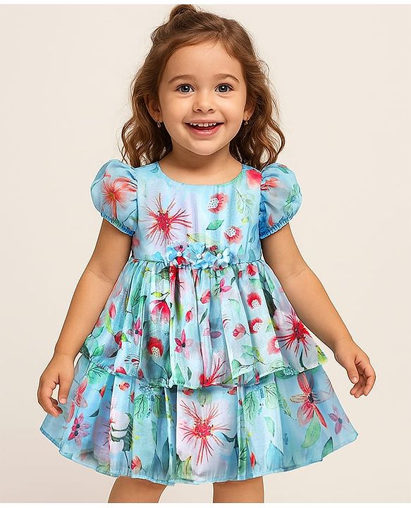 Babyhug Cotton Woven Half Sleeves Floral Printed Frock - Navy Blue main image 0