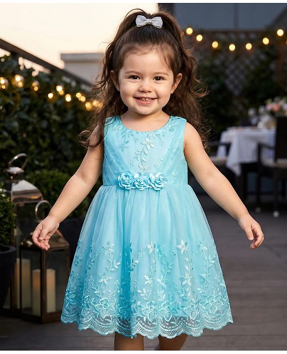 Babyhug Woven Sleeveless Party Dress With Floral Embroidery & Corsage - Aqua Blue