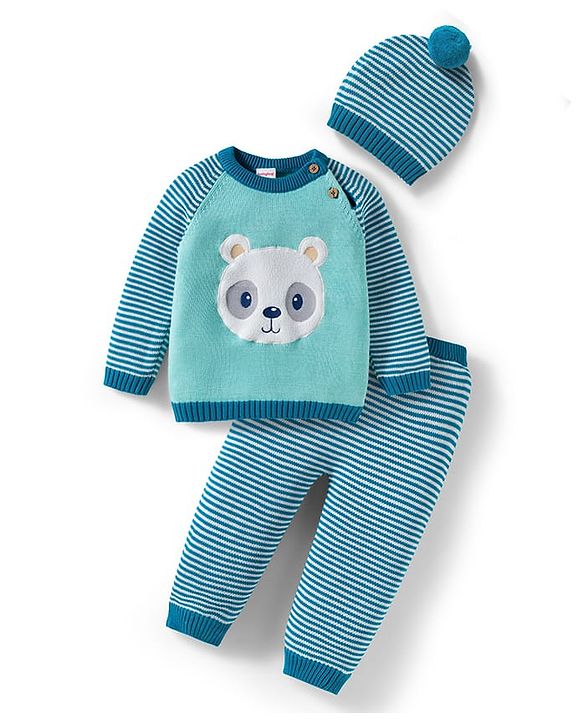 Babyhug Organic Cotton Knit Full Raglan Sleeves Striped Pullover Sweater Set with Cap & Bear Patch Detailing - Teal Blue