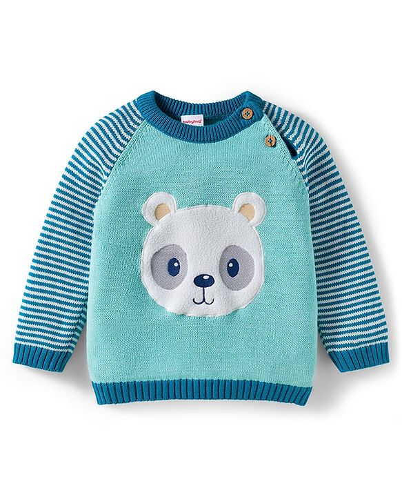 Babyhug Organic Cotton Knit Full Raglan Sleeves Striped Pullover Sweater Set with Cap & Bear Patch Detailing - Teal Blue