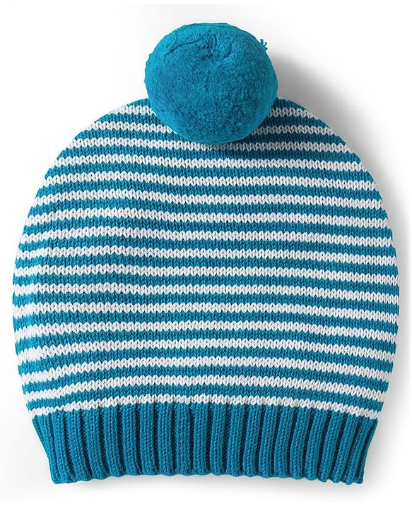 Babyhug Organic Cotton Knit Full Raglan Sleeves Striped Pullover Sweater Set with Cap & Bear Patch Detailing - Teal Blue