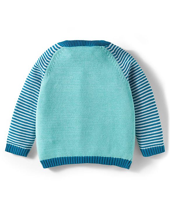 Babyhug Organic Cotton Knit Full Raglan Sleeves Striped Pullover Sweater Set with Cap & Bear Patch Detailing - Teal Blue