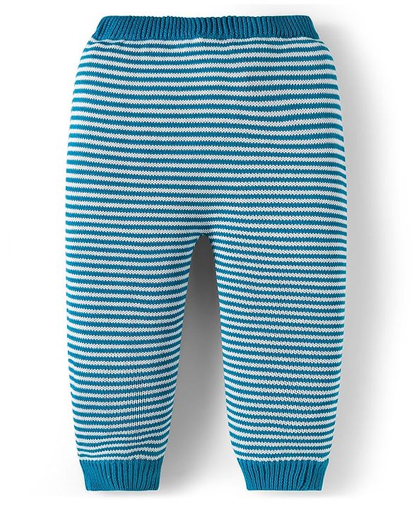 Babyhug Organic Cotton Knit Full Raglan Sleeves Striped Pullover Sweater Set with Cap & Bear Patch Detailing - Teal Blue