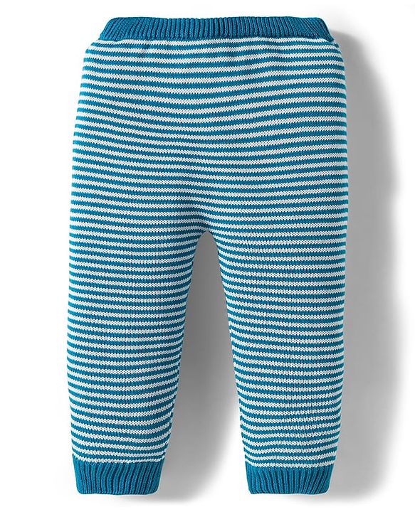 Babyhug Organic Cotton Knit Full Raglan Sleeves Striped Pullover Sweater Set with Cap & Bear Patch Detailing - Teal Blue