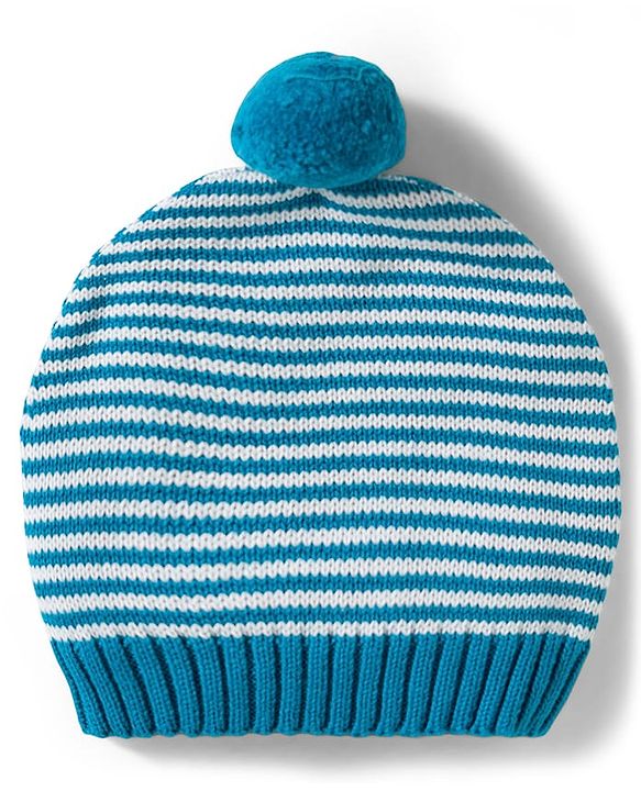 Babyhug Organic Cotton Knit Full Raglan Sleeves Striped Pullover Sweater Set with Cap & Bear Patch Detailing - Teal Blue