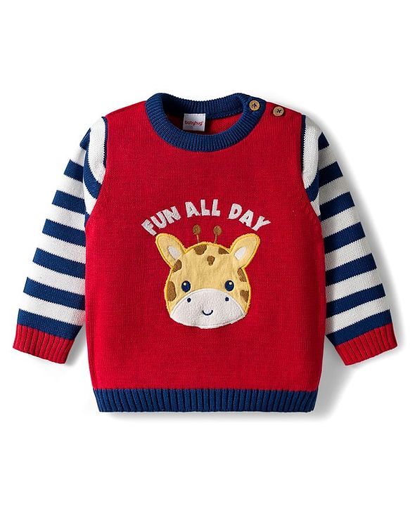Babyhug Organic Cotton Knit Full Sleeves Pullover Sweater Set With Giraffe Embroidery & Cap - Red & Navy Blue