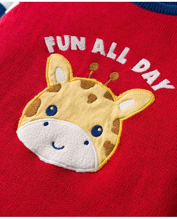 Babyhug Organic Cotton Knit Full Sleeves Pullover Sweater Set With Giraffe Embroidery & Cap - Red & Navy Blue