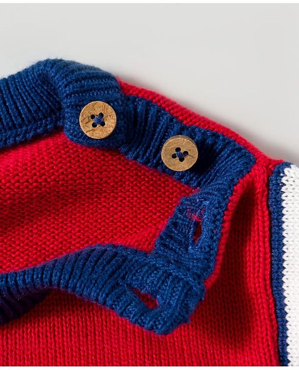 Babyhug Organic Cotton Knit Full Sleeves Pullover Sweater Set With Giraffe Embroidery & Cap - Red & Navy Blue